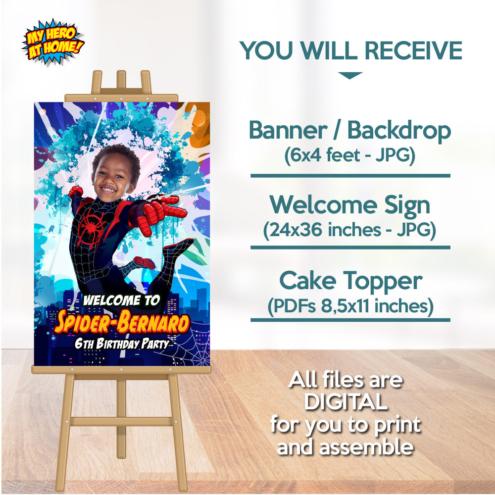 Bundle Miles Morales themed birthday decor, Spiderverse theme party, Custom Miles Morales backdrop. 399B4