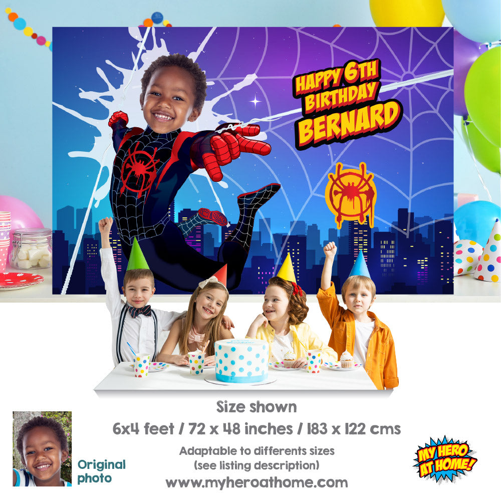 Miles Morales Banner with photo, Personalized Spider-Verse Birthday Backdrop. 399BB