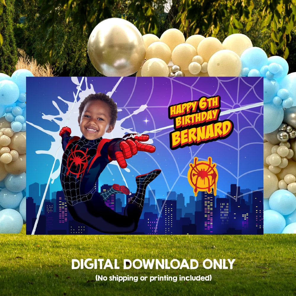 Miles Morales Banner with photo, Personalized Spider-Verse Birthday Backdrop. 399BB