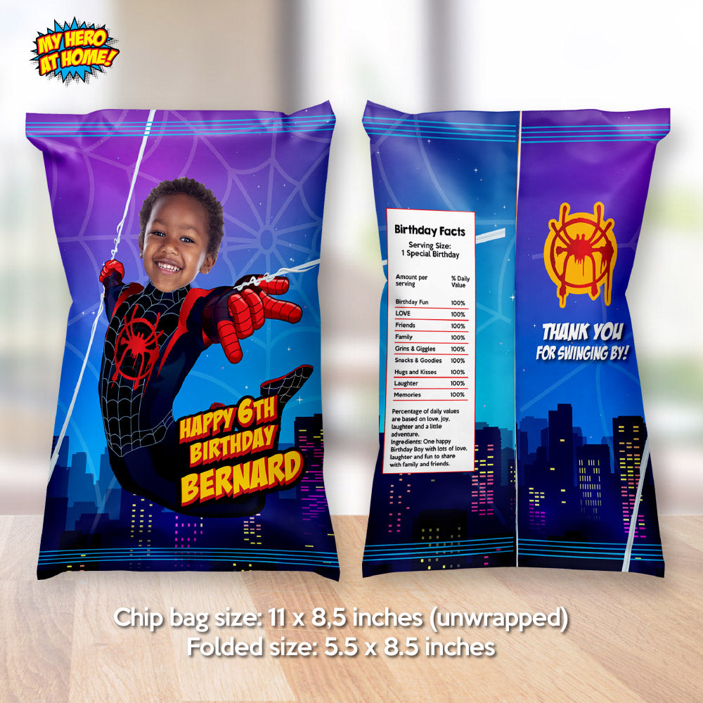 Custom Miles Morales chip bags party favors with photo, Personalized Spiderverse snacks labels. 399CB