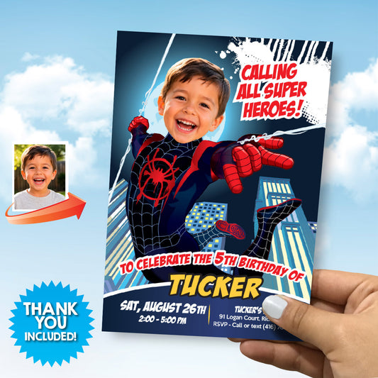 Custom Miles Morales Birthday Invitation with Kid as the Star (Thank You tags included). 399C