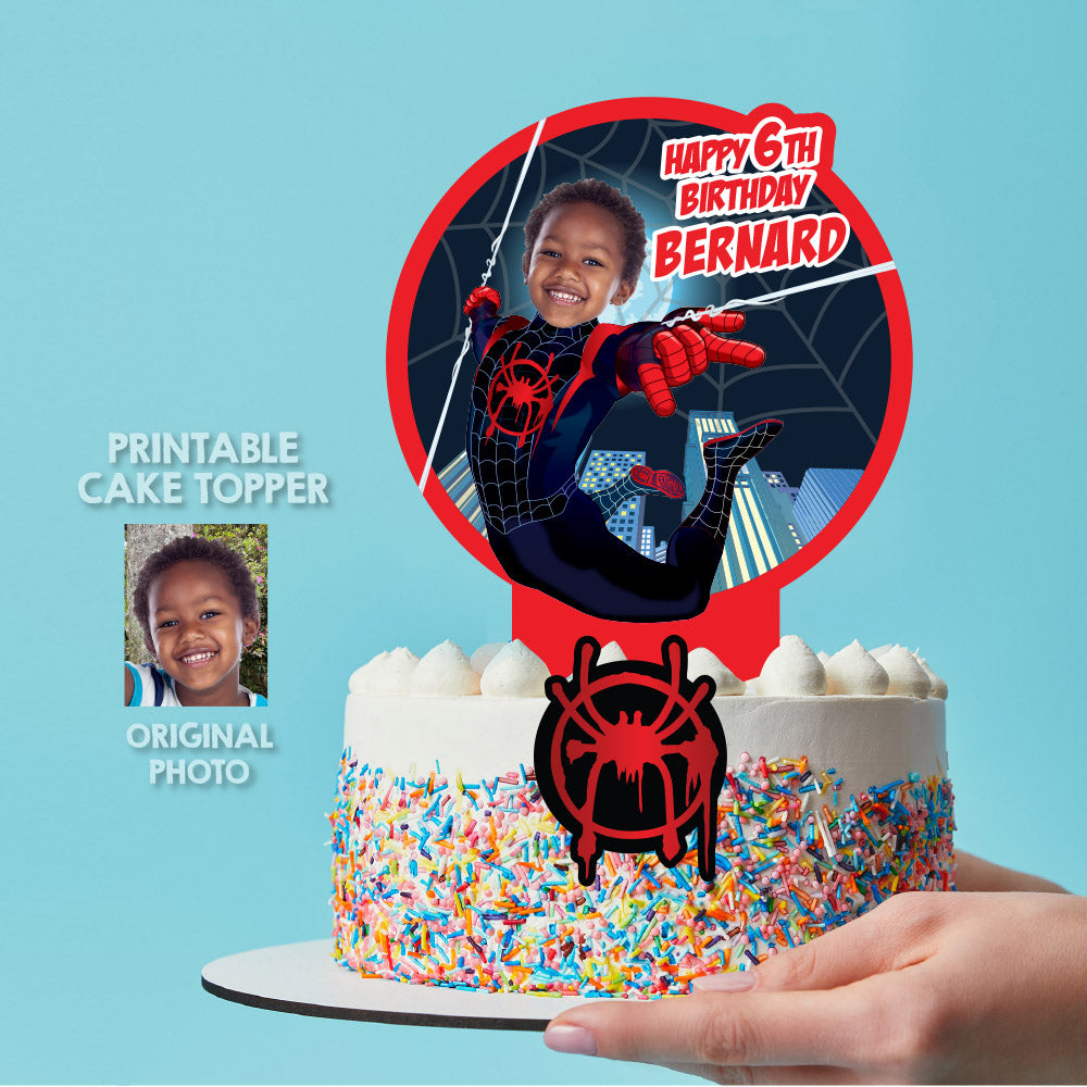 Bundle Spiderverse Party table with kid as Miles Morales: cake topper, favors, drinks and Chips labels. 399B1