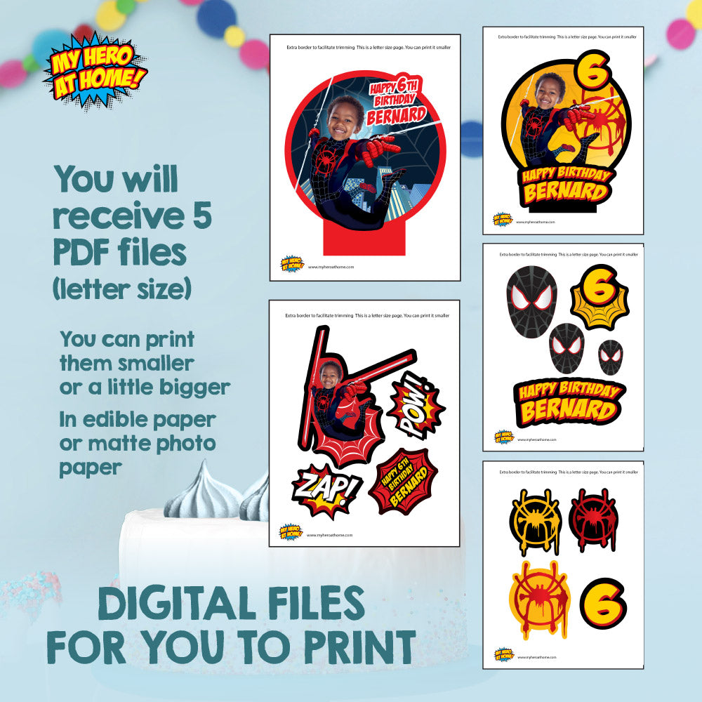 Miles Morales Cake topper with kid as the star, printable Spiderverse cake decor. 399CT