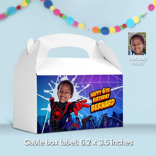 Personalized Miles Morales Gable Box label with birthday boy as the star, Spiderverse favors. 399GB