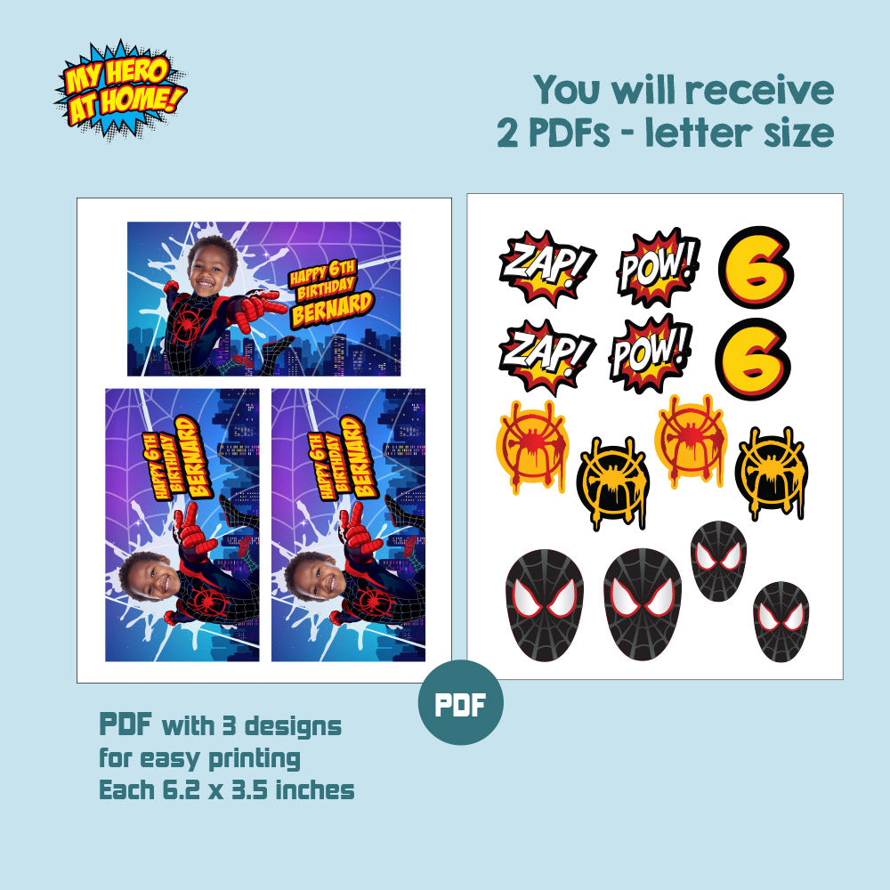 Bundle Miles Morales Party snacks matching labels with photo: drinks, favors, Chips. 399B3