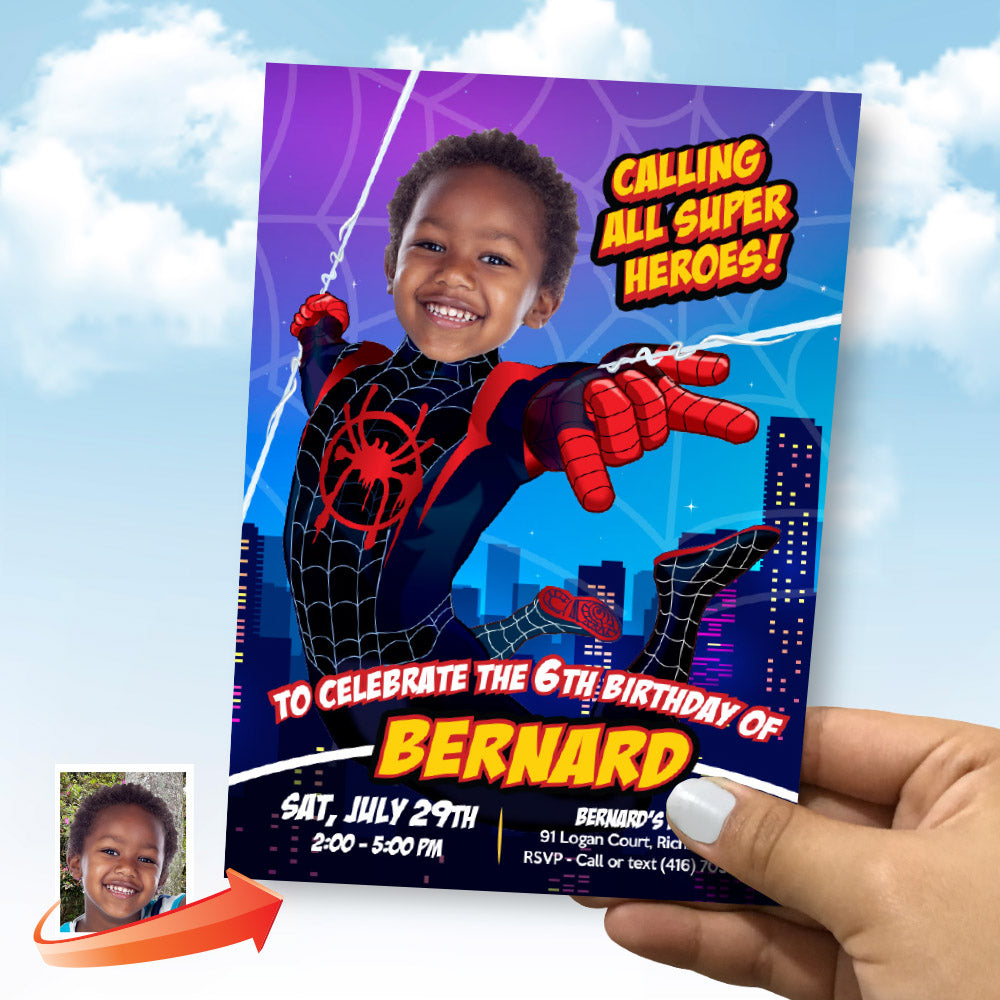 Custom Miles Morales Party Invitation with your photo, Spider-Verse Digital invite. 399IN2