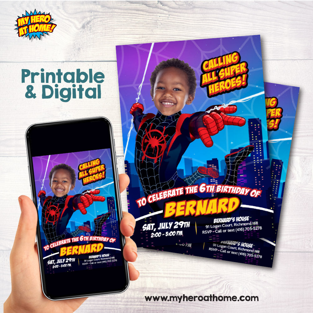 Custom Miles Morales Party Invitation with your photo, Spider-Verse Digital invite. 399IN2