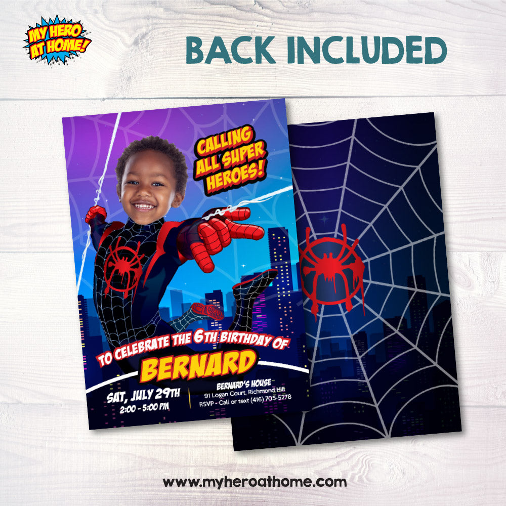 Custom Miles Morales Party Invitation with your photo, Spider-Verse Digital invite. 399IN2