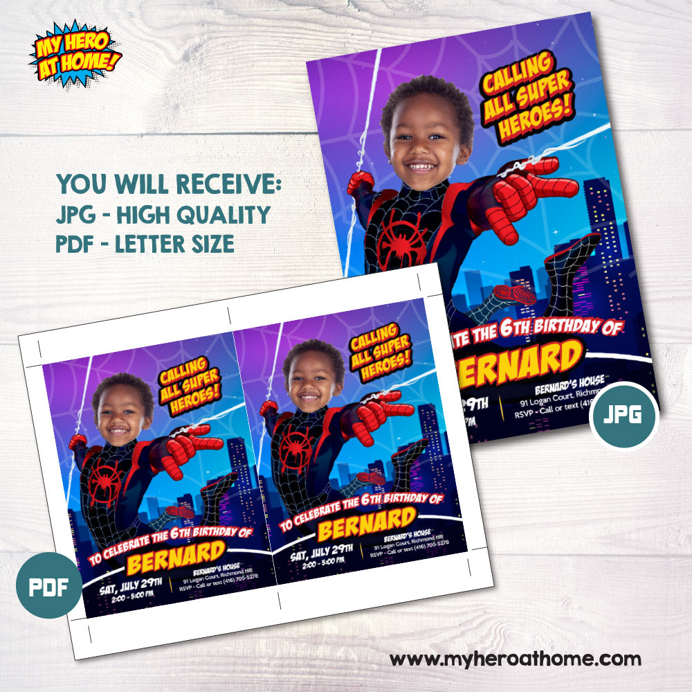 Custom Miles Morales Party Invitation with your photo, Spider-Verse Digital invite. 399IN2