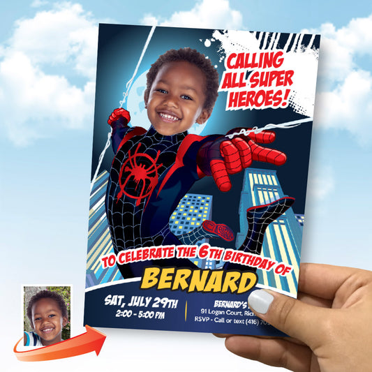 Miles Morales photo Invitation, Spider Verse Party, Miles Morales Digital Party Invite. 399IN