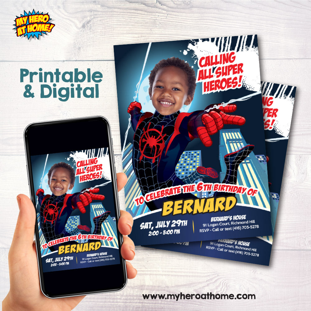 Miles Morales photo Invitation, Spider Verse Party, Miles Morales Digital Party Invite. 399IN
