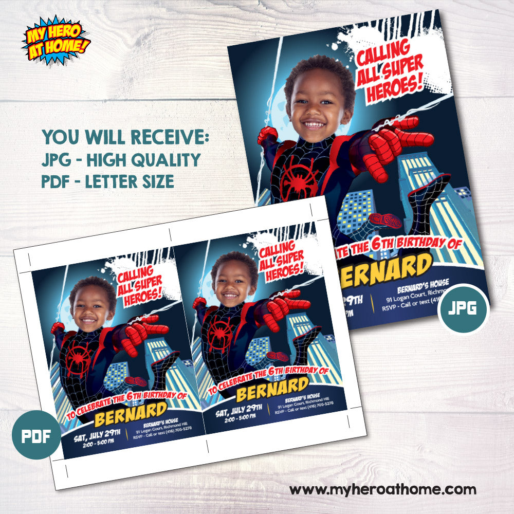 Miles Morales photo Invitation, Spider Verse Party, Miles Morales Digital Party Invite. 399IN