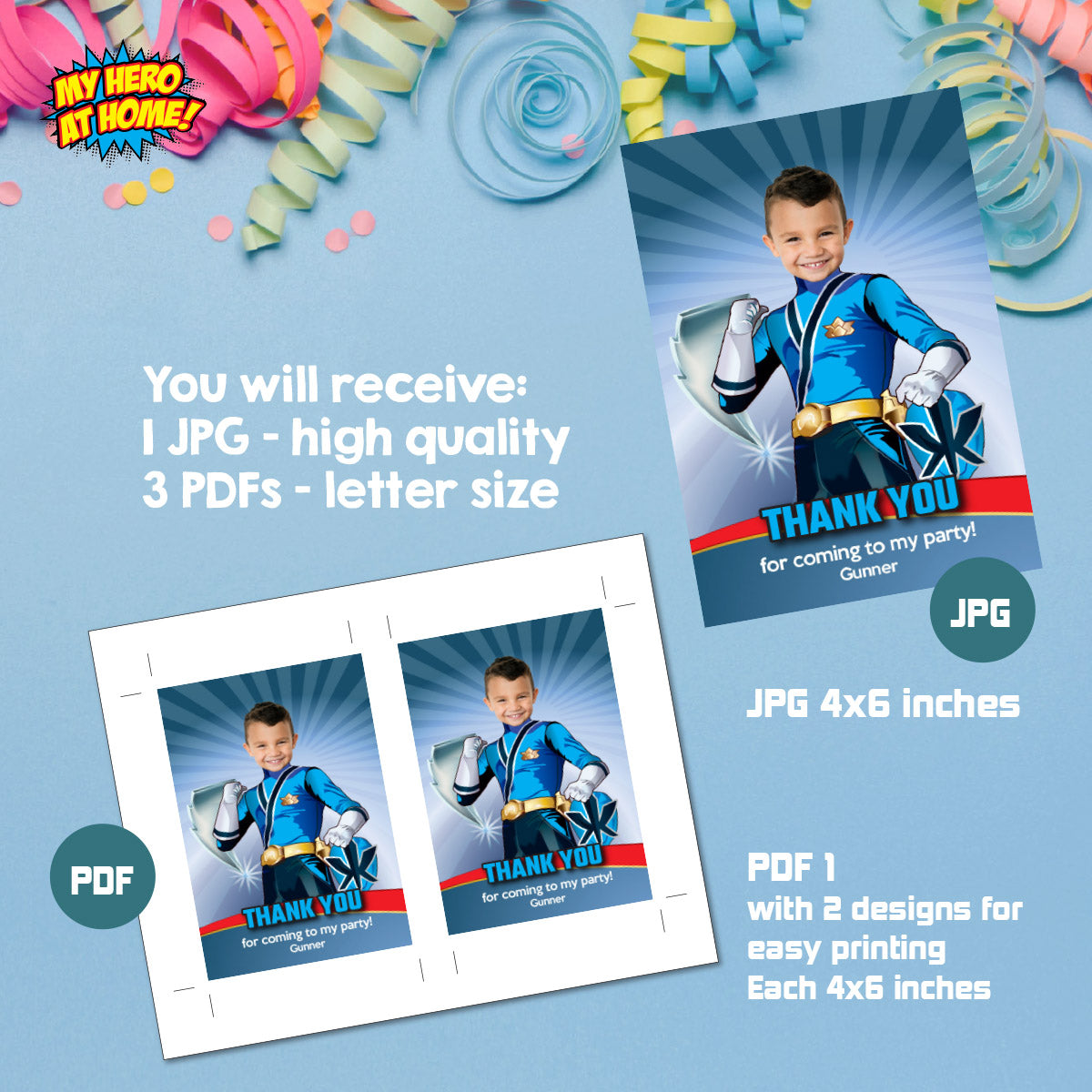 Custom Boy Power Ranger Birthday thank you and favor tags with photo ...