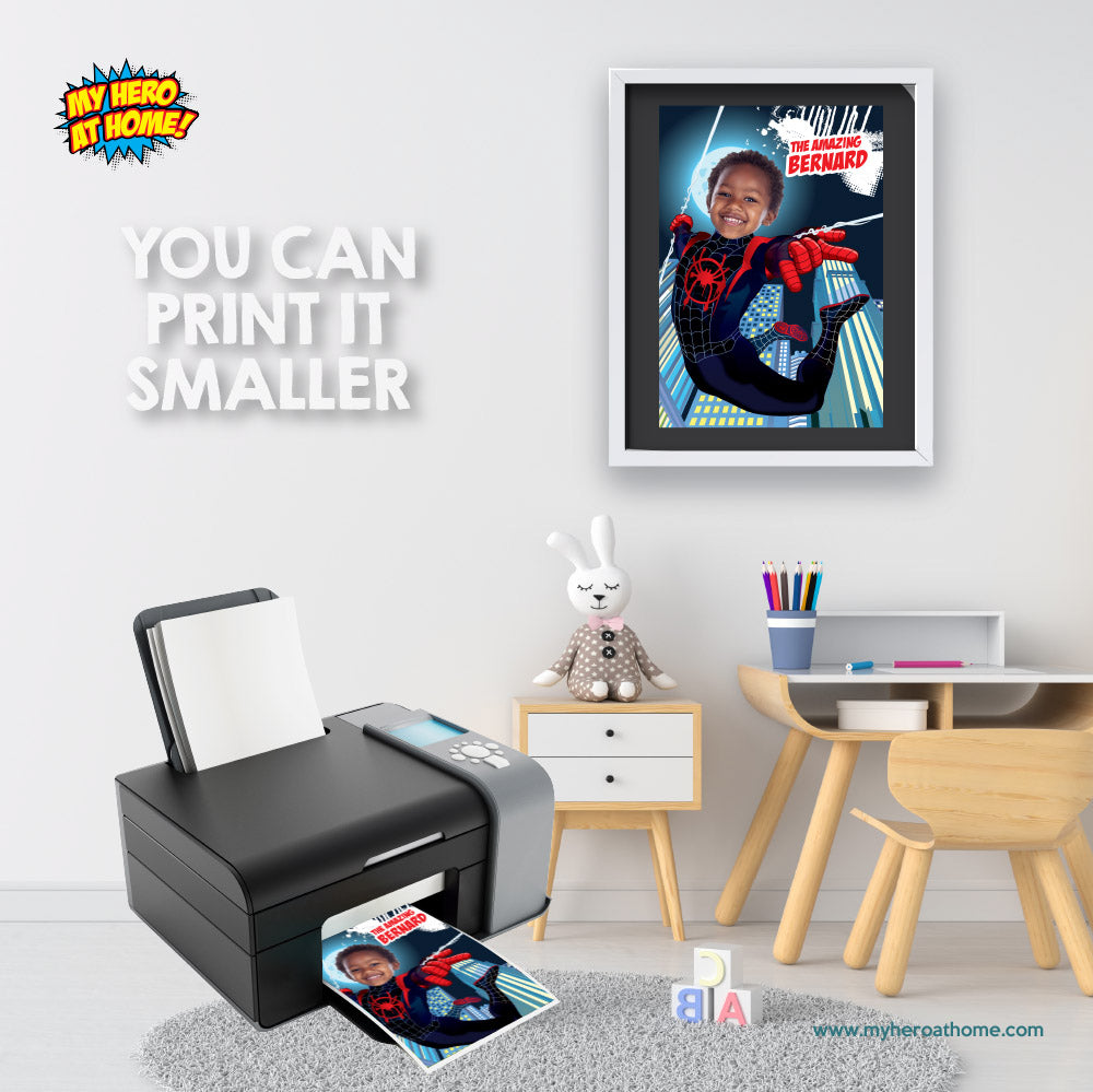 Spider-Verse Poster with kid as Miles Morales, Printable Spiderverse gift, Spin Poster. 399PG