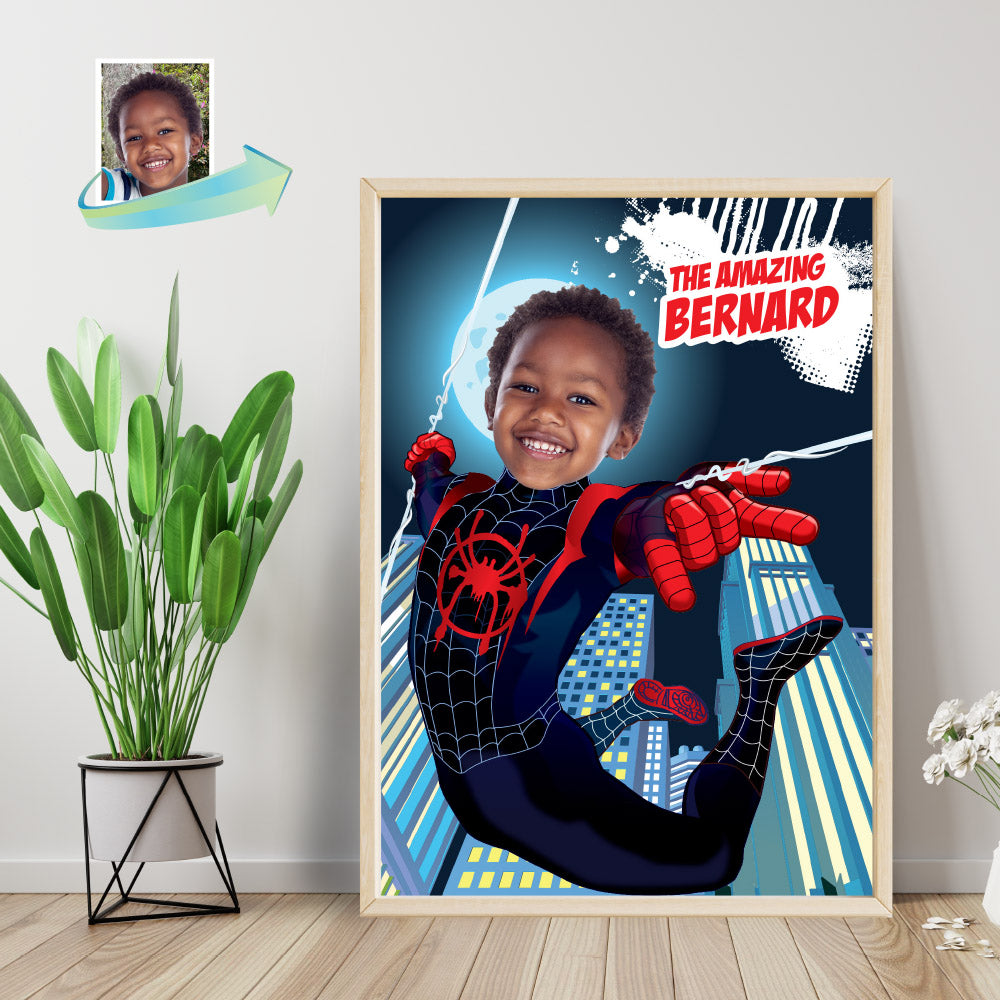 Spider-Verse Poster with kid as Miles Morales, Printable Spiderverse gift, Spin Poster. 399PG