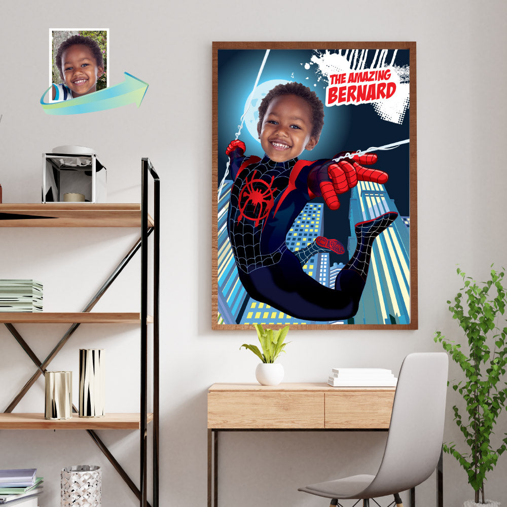 Spider-Verse Poster with kid as Miles Morales, Printable Spiderverse gift, Spin Poster. 399PG