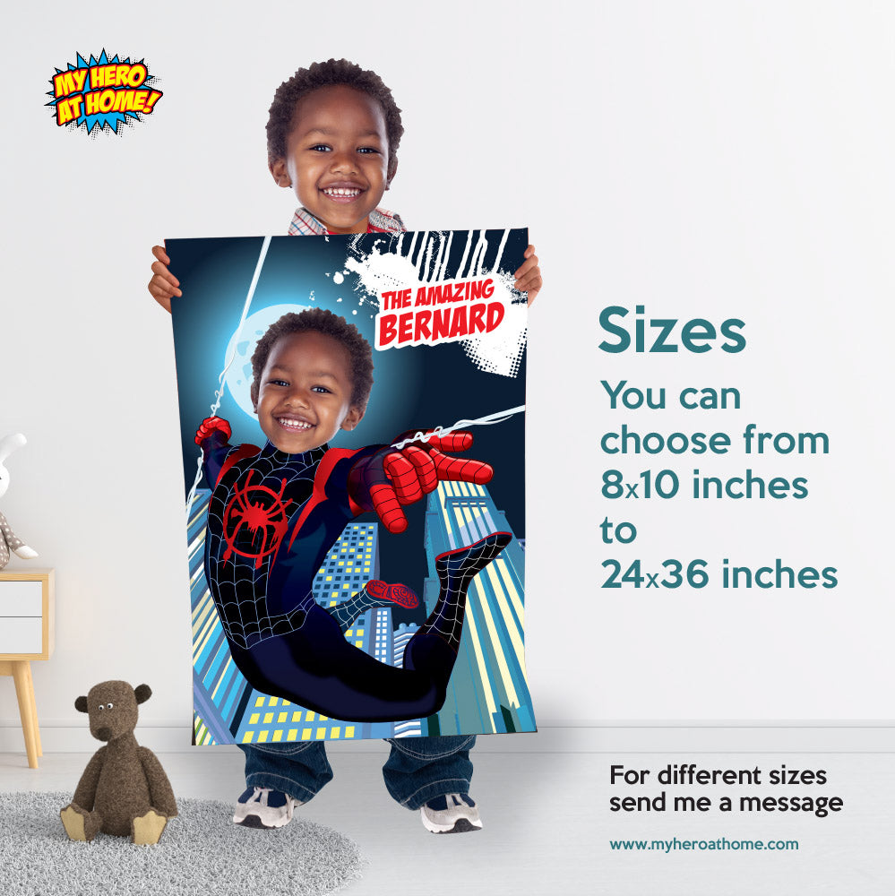 Spider-Verse Poster with kid as Miles Morales, Printable Spiderverse gift, Spin Poster. 399PG