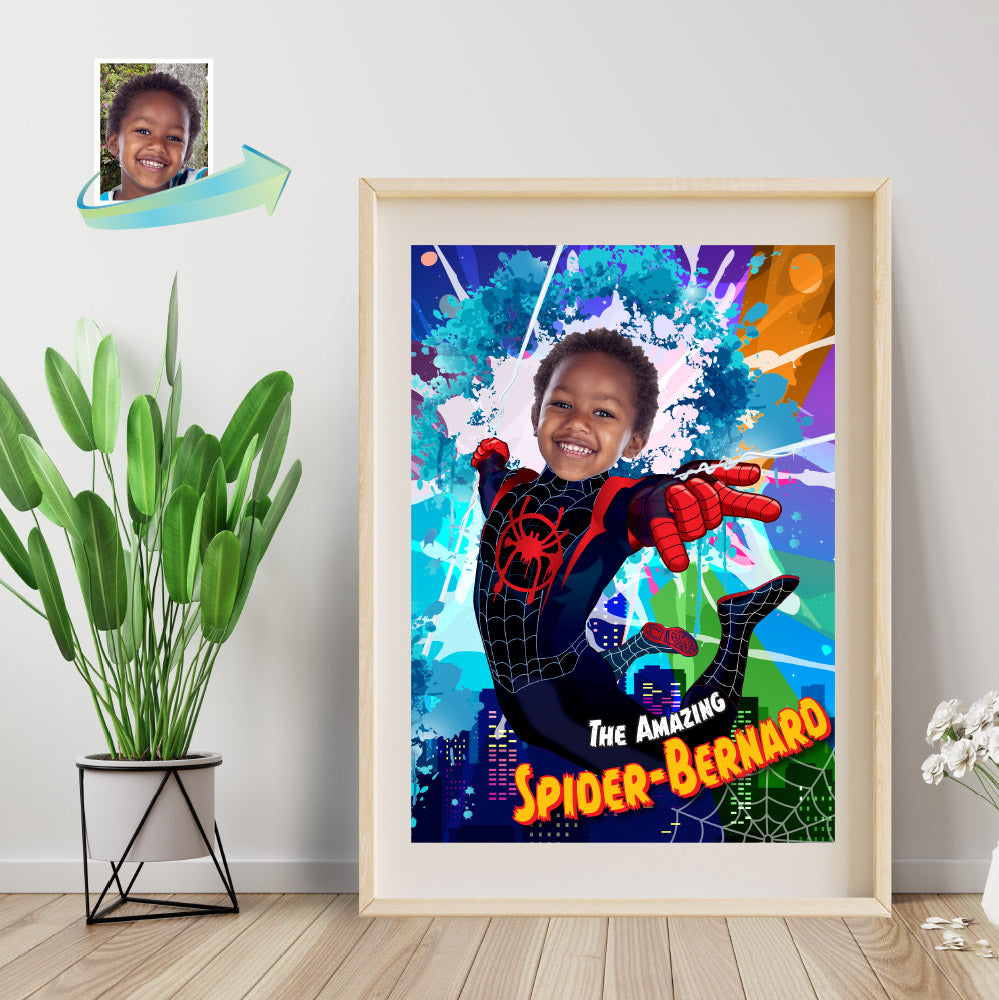 Custom Spider-Verse Print with kid as Miles Morales (Superhero Prints with photo, Spin Decor). 399PS
