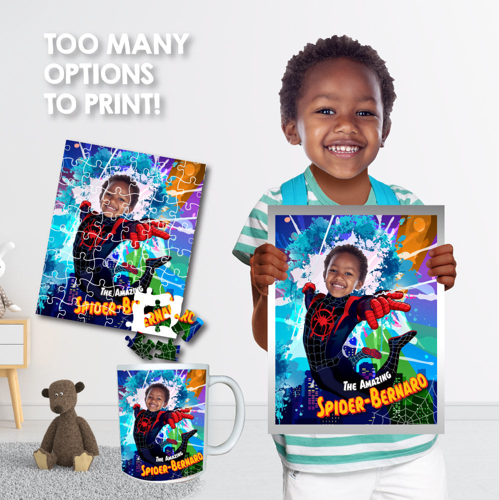 Custom Spider-Verse Print with kid as Miles Morales (Superhero Prints with photo, Spin Decor). 399PS