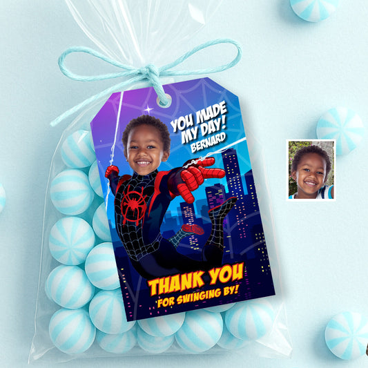 Spider-Verse Thank You personalized with your kid as Miles Morales (party favors tags). 399TY2