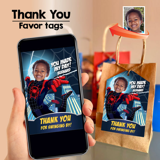 Miles Morales Thank You and Favor Tags with photo, Spiderverse goodie bags. 399TY