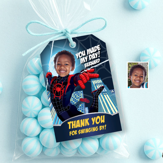 Miles Morales Thank You and Favor Tags with photo, Spiderverse goodie bags. 399TY