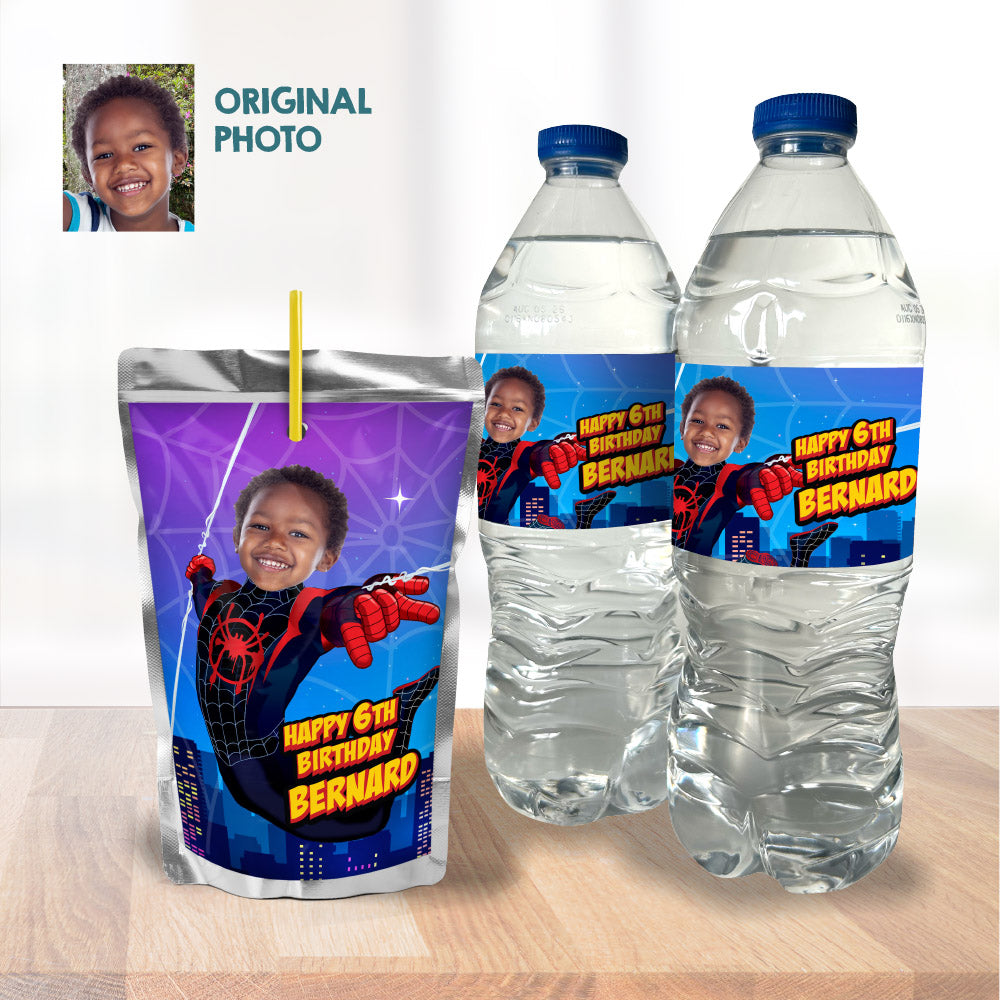 Personalized Miles Morales party drinks labels with photo (water wrappers, juice labels). 399WJ
