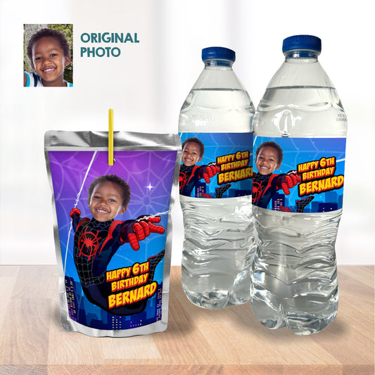 Personalized Miles Morales party drinks labels with photo (water wrappers, juice labels). 399WJ