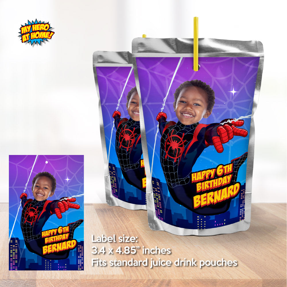 Personalized Miles Morales party drinks labels with photo (water wrappers, juice labels). 399WJ