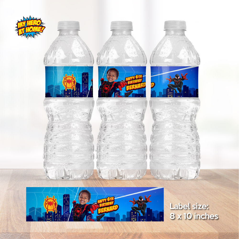 Personalized Miles Morales party drinks labels with photo (water wrappers, juice labels). 399WJ