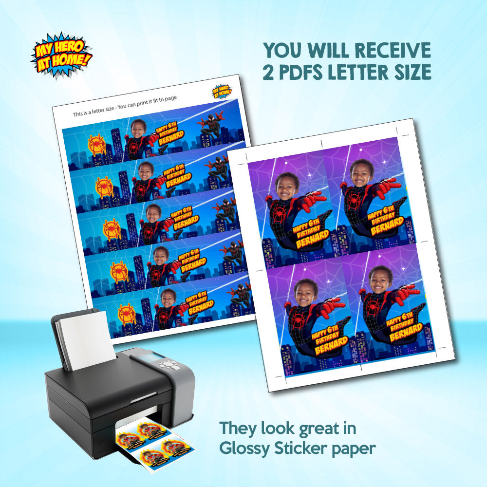 Personalized Miles Morales party drinks labels with photo (water wrappers, juice labels). 399WJ