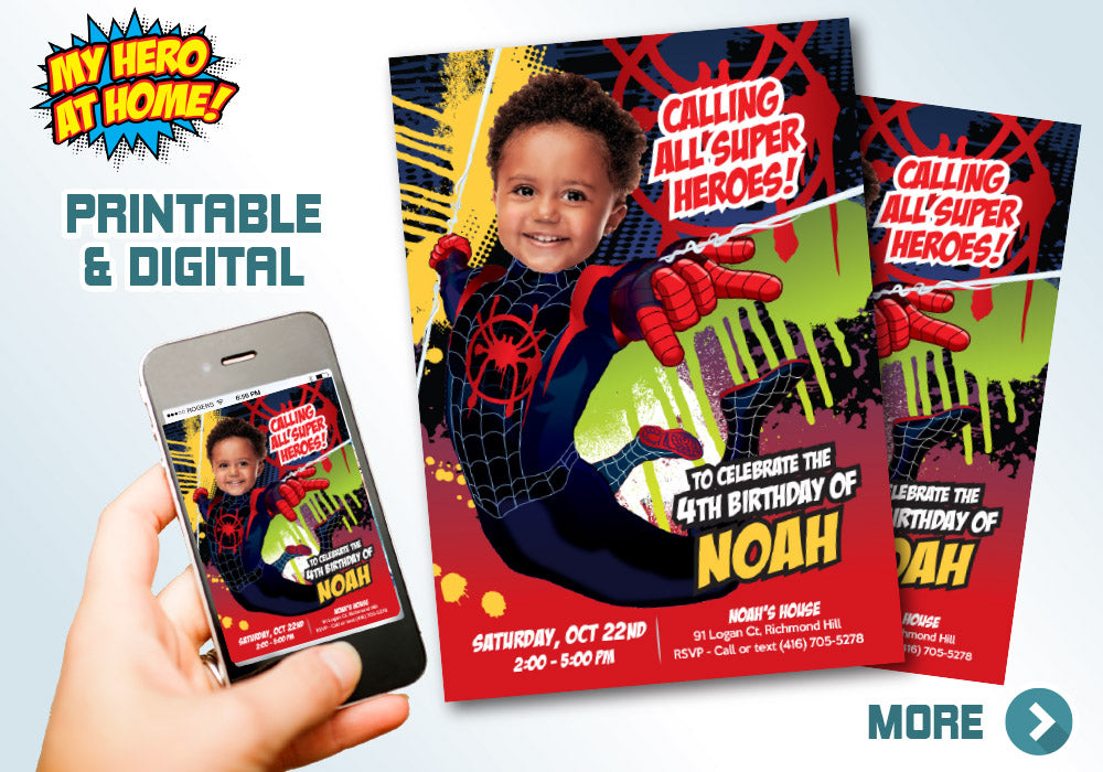 Custom Spider-Verse Miles Morales Birthday Invite Featuring Kid as the Superhero. 400IN