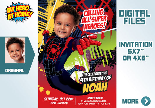 Custom Spider-Verse Miles Morales Birthday Invite Featuring Kid as the Superhero. 400IN