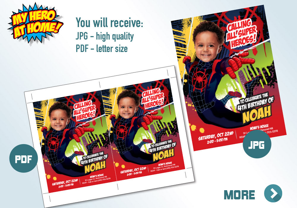Custom Spider-Verse Miles Morales Birthday Invite Featuring Kid as the Superhero. 400IN