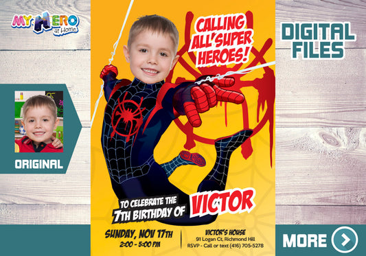 Miles Morales Spiderverse Birthday Invitation Featuring Child as the Superhero. 401