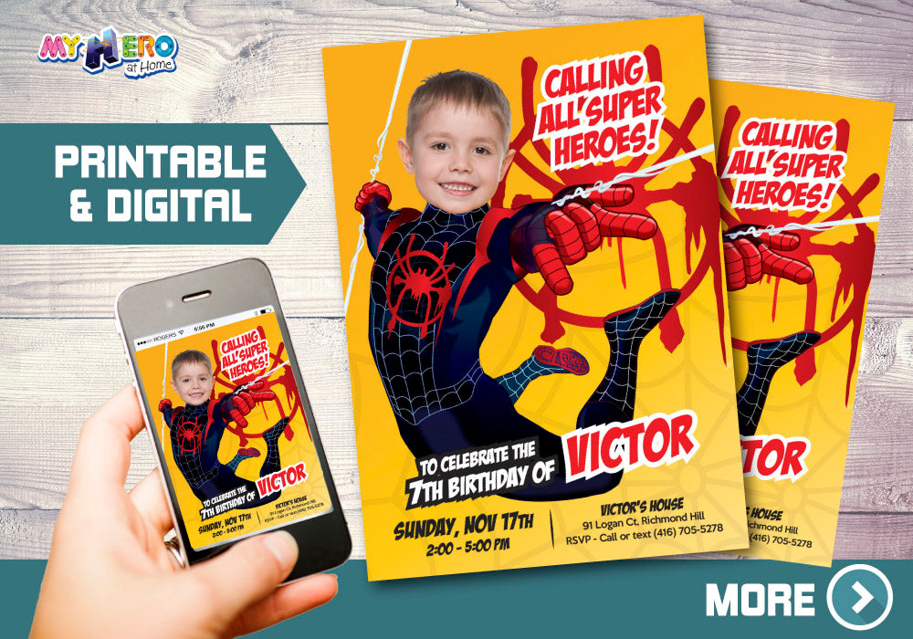 Miles Morales Spiderverse Birthday Invitation Featuring Child as the Superhero. 401