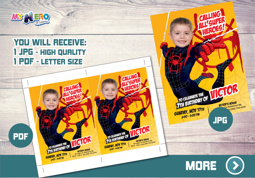 Miles Morales Spiderverse Birthday Invitation Featuring Child as the Superhero. 401
