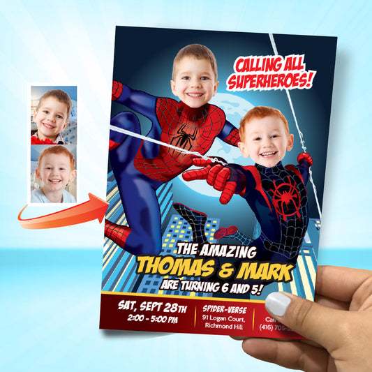 Joint Spiderman birthday invitation with children as Miles Morales and Peter Parker, Joint SpiderVerse invite. 402C