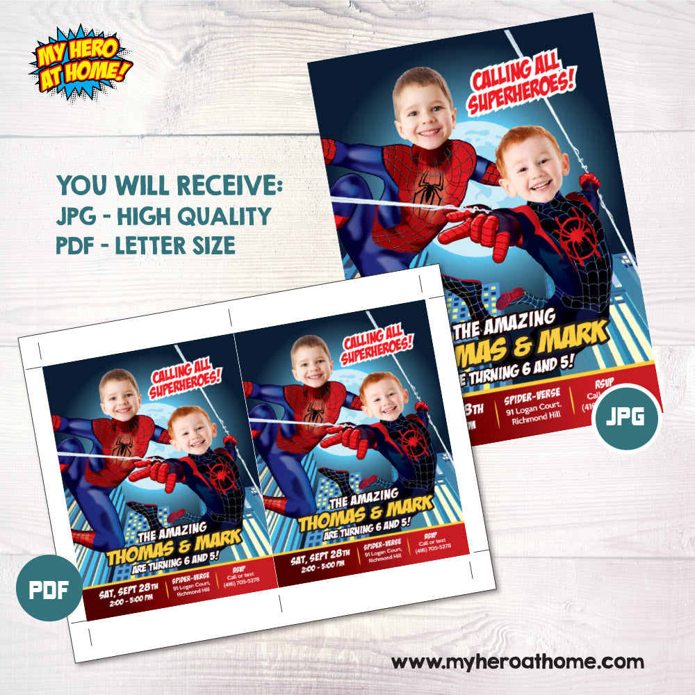 Joint Spiderman birthday invitation with children as Miles Morales and Peter Parker, Joint SpiderVerse invite. 402C