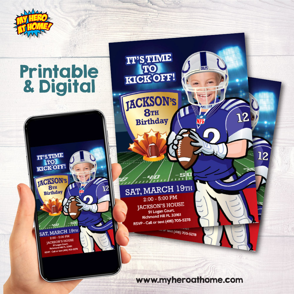 Indianapolis Colts birthday Invitation template with your kid as the star, Colts kids theme Party. 403C