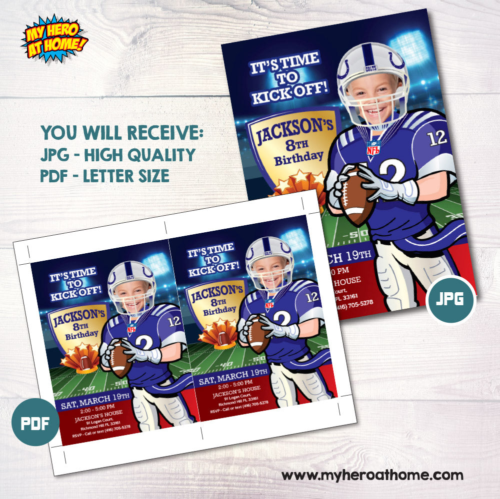Indianapolis Colts birthday Invitation template with your kid as the star, Colts kids theme Party. 403C