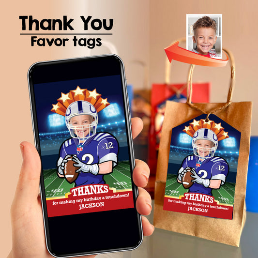 Colts Indianapolis thank you card with kid as player, Football Colts favor tags with photo. 403TY