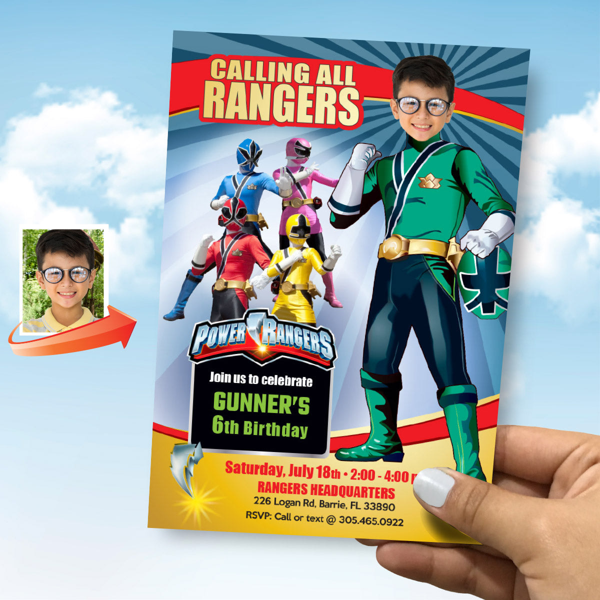Green Power Ranger birthday party Invitation with your kid as his favorite Ranger. 415IN