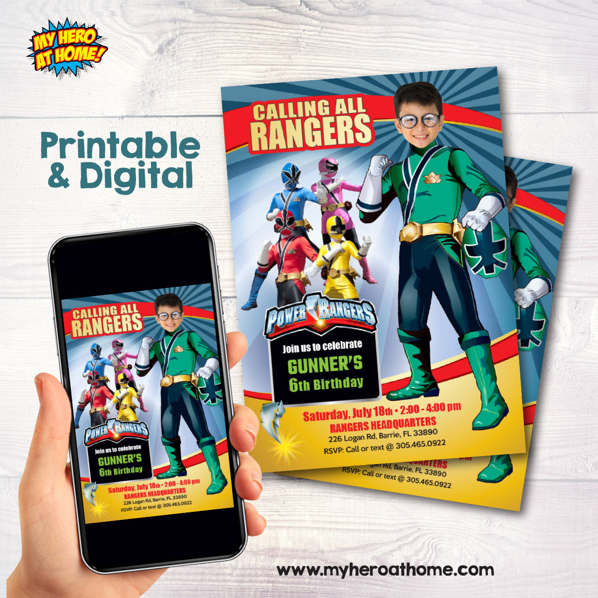 Green Power Ranger birthday party Invitation with your kid as his favorite Ranger. 415IN