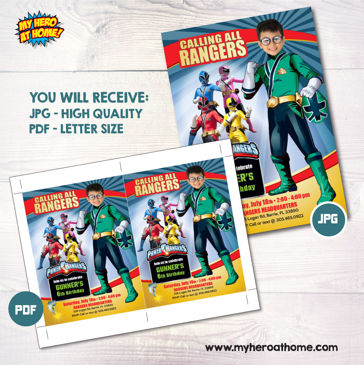 Green Power Ranger birthday party Invitation with your kid as his favorite Ranger. 415IN