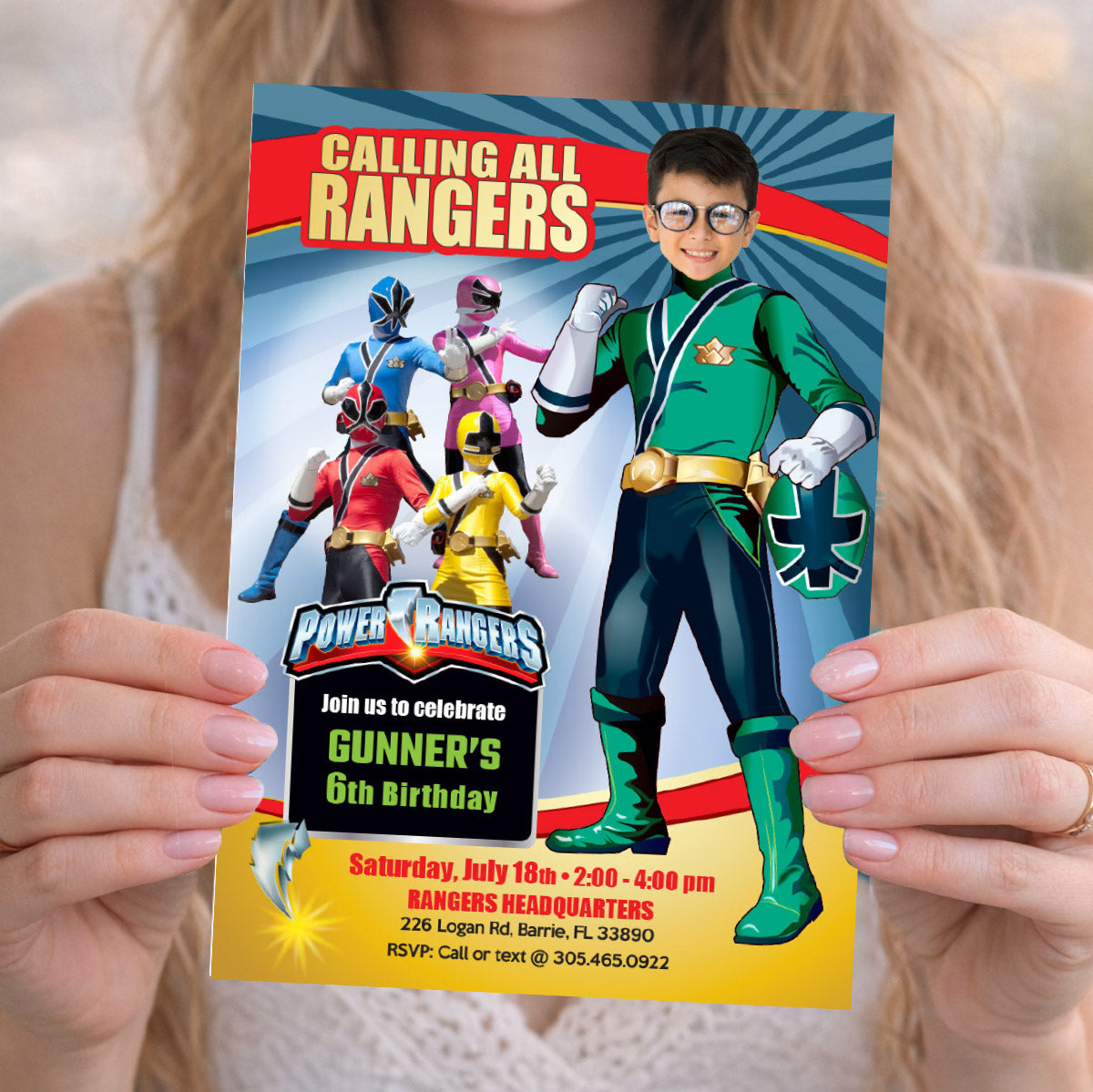 Green Power Ranger birthday party Invitation with your kid as his favorite Ranger. 415IN