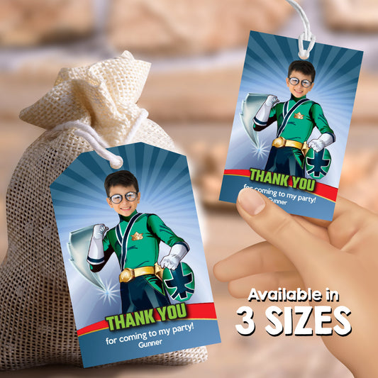Green Power Ranger Birthday Favor Tags with photo, Green Ranger Thank You Party. 415TY