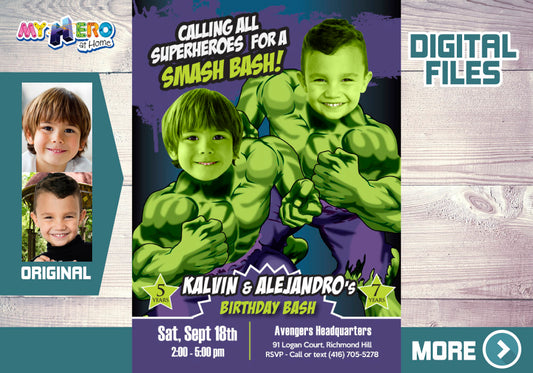 Joint Two Kids Hulk Birthday Party Template with Children as their favorite Superhero 418