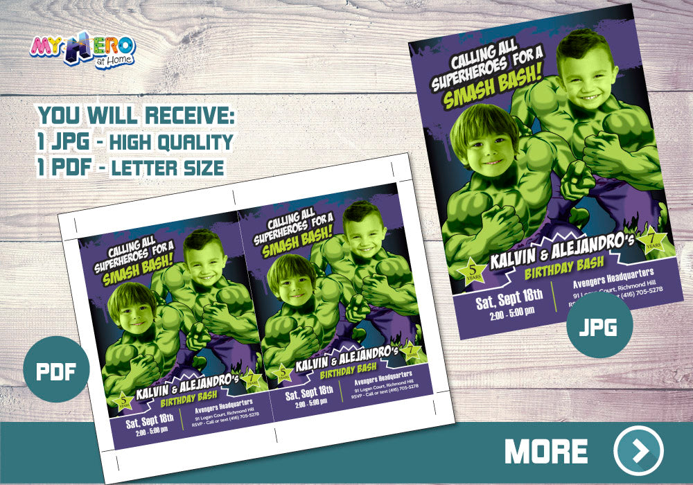 Joint Two Kids Hulk Birthday Party Template with Children as their favorite Superhero 418
