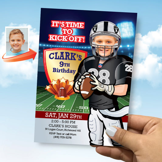 Las Vegas Raiders birthday party Invitation with your child as his favorite player, Raiders photo invitation. 419IN